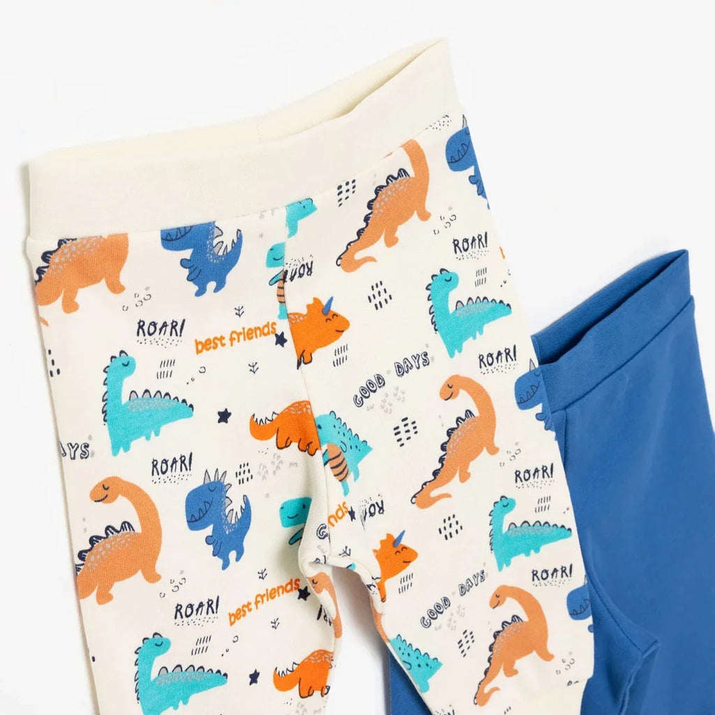 Baby Boy Footless Trousers Dinosaur Print - Ecru