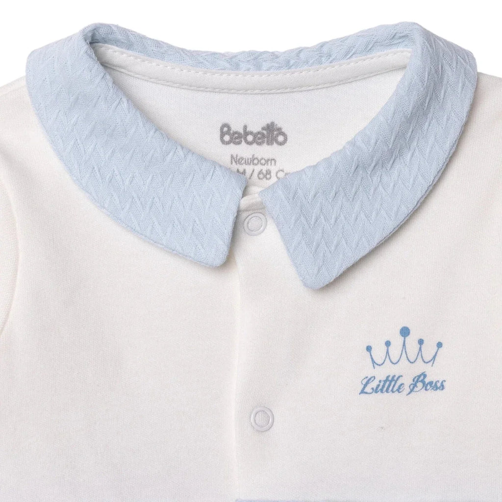 Bebetto Boys Footed Sleepsuit Snap Fastening Little Boss Shirt Collar Full Length Long Sleeve - Blue