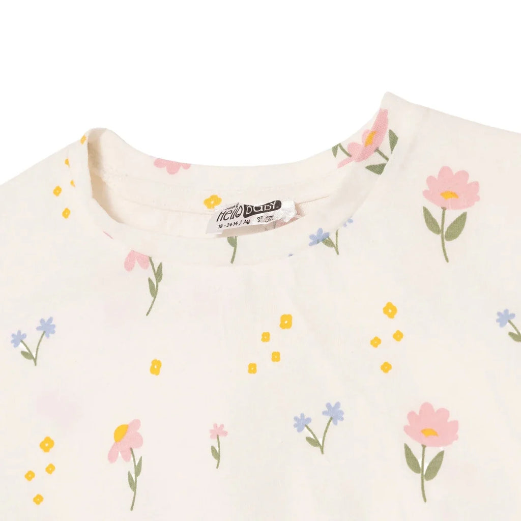 HelloBaby Girls Blouse & Leggings Set Floral Print Flower Garden Crew Neck Full Length Short Sleeve - Ecru Printed