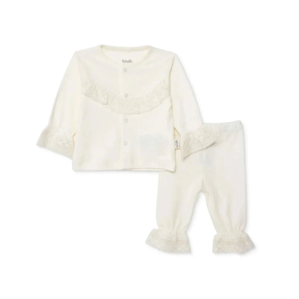 Bebetto Girls Cardigan & Footless Bottom Set Snap Fastening Ceremony Crew Neck Full Length Long Slee - Ecru