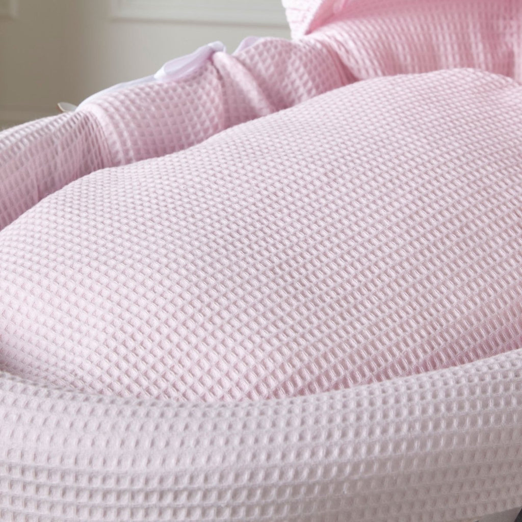 Pink Waffle Grey Wicker Baby Moses Basket With Stand